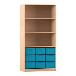 Flexeo Regal, Buche hell, 3 Fcher, 9 groe Boxen blau, HxBxT: 190 x 94,4 x 48 cm