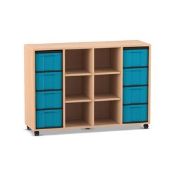 Flexeo Regal, Buche hell, 4 Reihen, 8 groe Boxen in blau, 6 Fcher mittig, HxBxT: 92,3 x 130,7 x 40,8 cm, Rollen