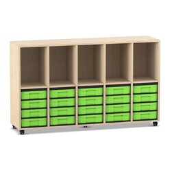 Flexeo Regal, Ahorn honig, HxBxT: 98 x 162,8 x 40,8 cm, 5 Reihen, 5 Fcher, 20 kleine Boxen grn, Rollen