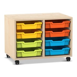 Flexeo Regal PRO, Ahorn honig, HxBxT: 54,3 x 73,1 x 48 cm, 2 Reihen, 8 kleine Boxen bunt A, Rollen