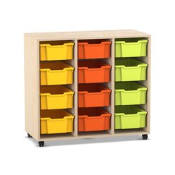 Flexeo Regal PRO, 3 Reihen, 12 groe Boxen bunt A, Sockel, Ahorn honig