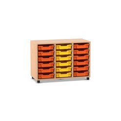 Flexeo Regal PRO, Buche hell, mit 3 Reihen und 18 kleinen Boxen orange-gelb, Rollen