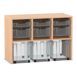 Flexeo Regal PRO, Buche hell, 3 Reihen, 9 Boxen, transparent, HxBxT: 76,9 x 108,5 x 48 cm