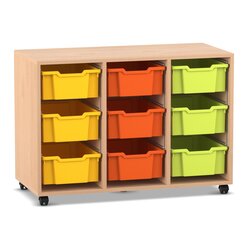 Flexeo Regal PRO, Buche hell, HxBxT: 76,7x108,5x48 cm, 3 Reihen, 9 Boxen bunt A Gr. M, Rollen