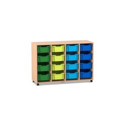 Flexeo Regal PRO, Buche hell, 4 Reihen, 16 groe Boxen bunt B, Rollen, 143,9x99,1x48 cm