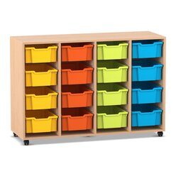 Flexeo Regal PRO, Buche hell, 4 Reihen, 16 groe Boxen bunt A, HxBxT: 99,1 x 143,9 x 48 cm, Rollen