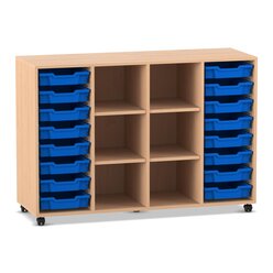 Flexeo Regal PRO, Buche hell, HxBxT: 99,1x143,9x48 cm, 4 Reihen, 16 kleine Boxen dunkelblau, Stellfe