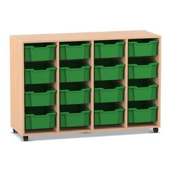 Flexeo Regal PRO, Buche hell, 4 Reihen, 16 groe Boxen grn, Rollen, 143,9x99,1x48 cm