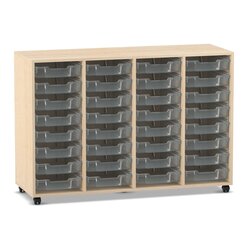 Flexeo Regal PRO, Ahorn honig, HxBxT: 99.1 x 143.9 x 48 cm, mit 4 Reihen, Rollen, inkl. 32 kleine Boxen transparent