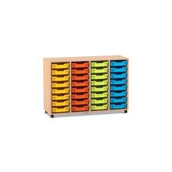 Flexeo Regal PRO mit 4 Reihen und 32 kleinen Boxen Dekor Buche hell, Sockel, Boxen orange gelb grn hellblau