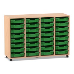 Flexeo Regal PRO, HxBxT: 99.1 x 143.9 x 48 cm, Buche hell, 4 Reihen und 32 kleinen Boxen grn, Rollen