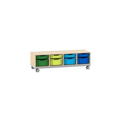 Flexeo Sitzregal PRO Ahorn honig, Stahlrahmen, 4 Reihen, je 4 groe und kleine Boxen bunt B, Rollen