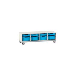 Flexeo Sitzregal PRO wei, HxBxT: 42,9 x 143,9 x 48 cm, 8 Boxen hellblau, mit  Rollen