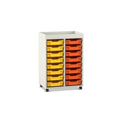 Flexeo Regal PRO, 2 Reihen, Dekor wei, 16 kleine Boxen bunt A, Aufkantung, HxBxT: 105,6 x 73 x 48 cm Rollen