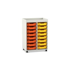 Flexeo Regal PRO, 2 Reihen, Dekor wei, 16 kleine Boxen gelb/orange, Aufkantung, Rollen