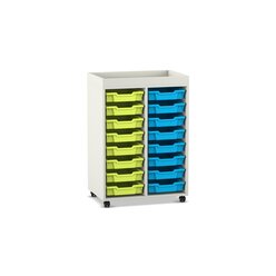 Flexeo Regal PRO, 2 Reihen, Dekor wei, 16 kleine Boxen grn/blau, Aufkantung, HxBxT: 105,6 x 73 x 48 cm, Rollen