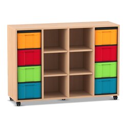 Flexeo Regal, Buche hell, 4 Reihen, 8 groe Boxen bunt, 6 Fcher mittig, HxBxT: 92,3 x 130,7 x 40,8 cm, Rollen