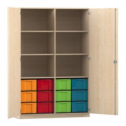 Flexeo Hochschrank mit 6 Fchern, Ahorn honig, HxBxT: 190x126,4x60 cm, 12 groen Boxen bunt, Bogengriff mit Schloss