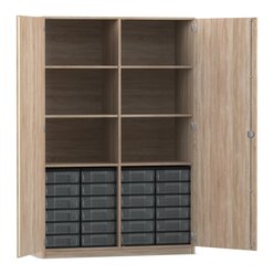 Flexeo Schrank, Eiche natur, 24 kleine Boxen transparent, 6 Fcher, Mittelwand, 2 Tren, HxBxT: 190 x 126,4 X 50 cm, Dreholive