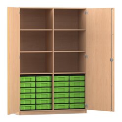 Flexeo Schrank, Buche hell, 24 kleine Boxen grn, 6 Fcher, Mittelwand, 2 Tren, HxBxT: 190 x 126,4 X 50 cm, Schloss