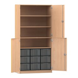 Flexeo Halbtrenschrank Buche Hell, 4 Halbtren, 4 Fachbden, Tiefe 50 cm, 9 groe Boxen transparent, Schloss