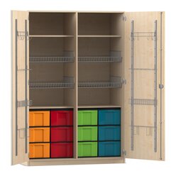 Flexeo Sportschrank, Ahorn honig, HxBxT: 190 x 126,4 x 60 cm, 4 Gitterkrbe, 12 groe Boxen bunt, Bogengriff mit Schloss
