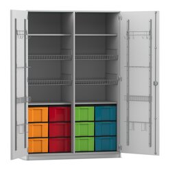 Flexeo Sportschrank, Dekor grau, HxBxT: 190 x 126,4 x 60 cm, 4 Gitterkrbe, 12 groe Boxen bunt, Bogengriff mit Schloss