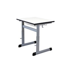 Einer-Schlertisch, 70x55 cm, L-Fu, hhenverstellbar, Gestell RAL 9006 Weialuminium, Tischplatte Buche, PU Kante schwarz, mit Drahtkorbablage, Kunststoffgleiter