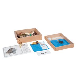 Montessori Geografie-Set 2: Erdteile: Stempel und Puzzle der Erdteile, Namenskrtchen, Globus, Kontrollkarte, Tiere aus aller Welt