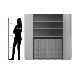 Flexeo Garagenschrank, Buche hell, HxBxT: 190 x 126,4 x 60 cm, 16 groe Boxen bunt, Bogengriff mit Schloss