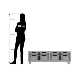 Flexeo� Sitzregal PRO Buche hell, Stahlrahmen, 4 Reihen, je 4 gro�e und kleine Boxen hellblau/dunkelblau, Rollen