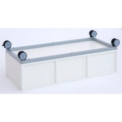 Flexeo� Sitzregal PRO Buche hell, Stahlrahmen, 4 Reihen, je 4 gro�e und kleine Boxen hellblau/dunkelblau, Rollen