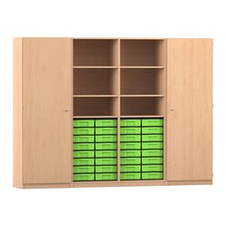 Flexeo Systemschrankwand Mars, Buche hell, 32 kleine Boxen grn, 16 Fcher, HxBxT: 190 x 254,6 x 50 cm, Dreholive