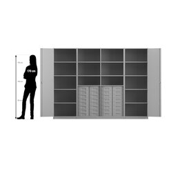 Flexeo Systemschrankwand Mars, Ahorn honig, HxBxT: 190 x 254,6 x 50 cm, 32 kleine Boxen transparent, Bogengriff mit Schloss