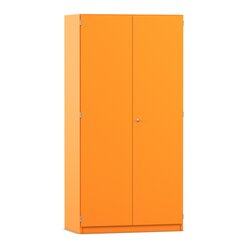 Flexeo Hochschrank Orange mit 3 groen Fchern, 12 groen Boxen grn, Tren, Bogengriff mit Schloss, 50cm tief
