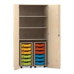 Flexeo Garagenschrank PRO, Ahorn, 2 Rollcontainer, 12 kleine Boxen bunt, 3 Fcher, HxBxT: 190 x 94,4 x 60 cm, Schloss