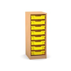 Flexeo Regal PRO mit 1 Reihe und 8 kleinen Boxen Dekor Buche hell, Sockel, Boxen gelb