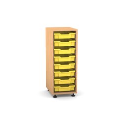 Flexeo Regal PRO mit 1 Reihe und 8 kleinen Boxen Dekor Buche hell, Stellfe, Boxen gelb