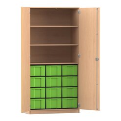 Flexeo Hochschrank Buche hell mit 3 groen Fchern, 12 groen Boxen grn, Bogengriff mit Schloss, Tiefe: 50 cm