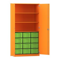 Flexeo Hochschrank Orange mit 3 groen Fchern, 12 groen Boxen grn, Tren, Bogengriff mit Schloss, 50cm tief