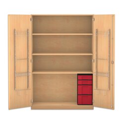 Flexeo Musikschrank, Buche hell, 4 Boxen rot, HxBxT: 190 x 126,4 x 60 cm, Bogengriff mit Schloss