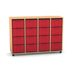 Flexeo Regal mit 4 Reihen, Dekor Buche hell, Sockel, 16 hohe Schubladen rot, HxBxT: 92,3 x 130,7 x 40,8 cm