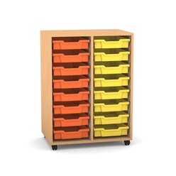 Flexeo Regal PRO mit 2 Reihen, Rollen, inkl. 16 kleine Boxen orange/gelb, Dekor: Buche hell