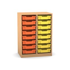 Flexeo Regal PRO mit 2 Reihen und 16 kleinen Boxen Dekor Buche hell, Sockel, Boxen orange gelb