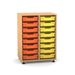 Flexeo Regal PRO mit 2 Reihen und 16 kleinen Boxen Dekor Buche hell, Stellfe, Boxen orange gelb