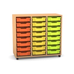 Flexeo Regal PRO mit 3 Reihen, Rollen, inkl. 24 kleine Boxen orange/gelb/grn Dekor: Buche hell