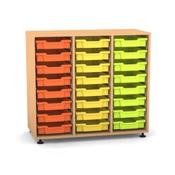 Flexeo Regal PRO mit 3 Reihen und 24 kleinen Boxen Dekor Buche hell, Stellfe, Boxen orange gelb grn