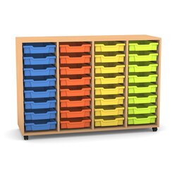 Flexeo Regal PRO mit 4 Reihen, Rollen, inkl. 32 kleine Boxen orange/gelb/grn/hellblau Dekor: Buche hell
