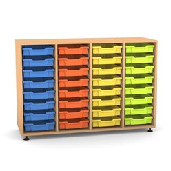 Flexeo Regal PRO mit 4 Reihen und 32 kleinen Boxen Dekor Buche hell, Stellfe, Boxen orange gelb grn hellblau