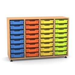Flexeo Regal PRO, HxBxT: 99.1 x 143.9 x 48 cm, mit 4 Reihen und 32 kleinen Boxen Dekor Buche hell, Stellfe, Boxen orange gelb grn hellblau